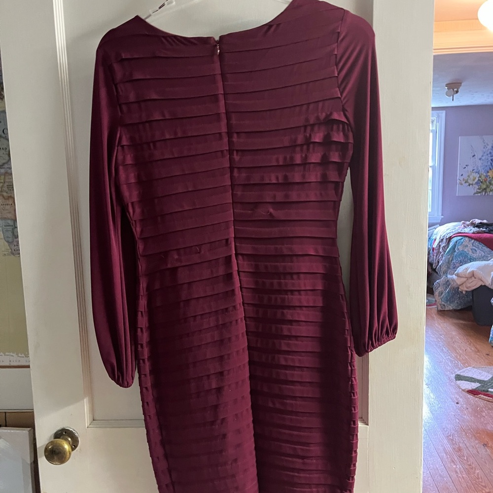 Ruby red dress, gauzy layered look. Work once